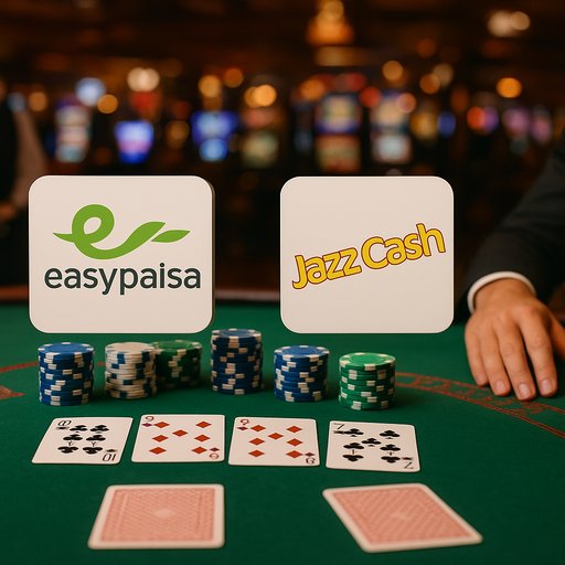 Blog post thumbnail showing a casino scene with local payment logos EasyPaisa and JazzCash, emphasizing Pakistani payment options.