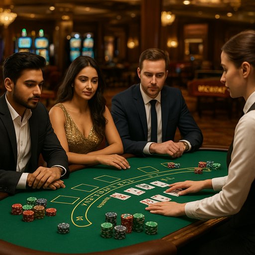 Card games table with players and chips in a polished casino setup. The scene highlights blackjack, baccarat, and other table games available on P666 for Pakistani players.