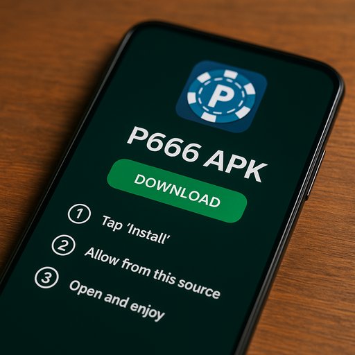 Smartphone displaying the P666 APK download screen with a prominent download button and installation steps.