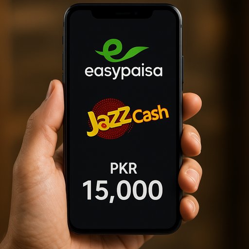 EasyPaisa and JazzCash shown on a mobile screen with PKR balance. The image demonstrates secure local payments for deposits and withdrawals in Pakistan.