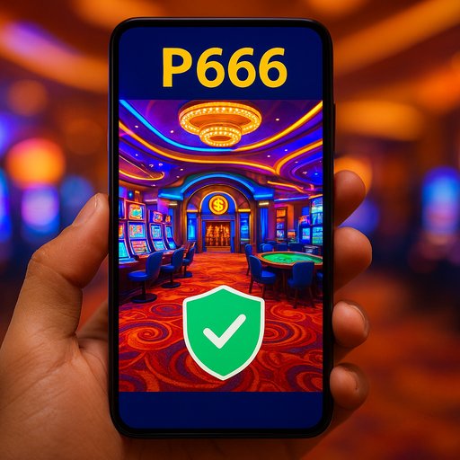 A vibrant casino lobby displayed on a smartphone screen, showing the P666 brand and a secure online gaming experience with bright colors and modern UI, inviting Pakistan players to play
