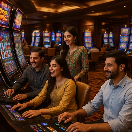 A lively Karachi casino table scene with players engaging in slot action. The image shows a modern gaming floor, rich wood tones, and shimmering screens, capturing the local vibe of gaming entertainment in Pakistan.
