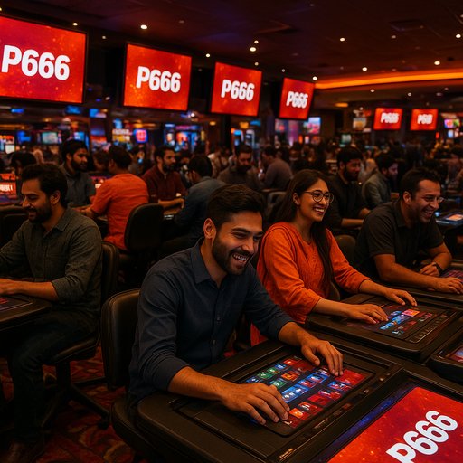 Card image showing a busy Karachi gaming hub with multiple screens displaying P666 app tiles, players enjoying compact casino sessions in a lively setting. The image radiates energy and community.