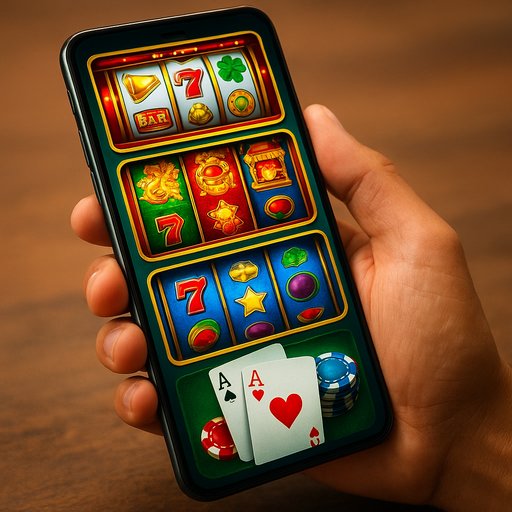 A busy smartphone displaying a mobile casino interface with colorful slots and cards, representing convenient online earning on the go for players in Pakistan.