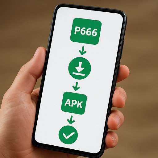 Smartphone screen showing the P666 APK download steps, illustrating a straightforward install process for Android devices. The image conveys trust, simplicity, and mobile accessibility for Pakistani gamers.