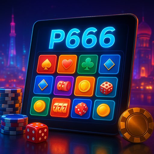 A vibrant casino banner featuring P666 apps on a dark neon dashboard, conveying excitement and reliability. The banner shows a sleek interface with colorful tiles, a futuristic vibe, and hints of Karachi and Lahore in the background. The mood is energetic and trustworthy, inviting players to explore apps.