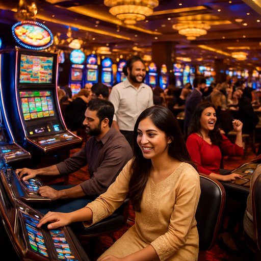 Busy casino floor rendering showing slot machines and people enjoying games, illustrating promotional excitement and lively gaming in a Pakistani setting. The image conveys energy, opportunity, and entertainment for PKR players.