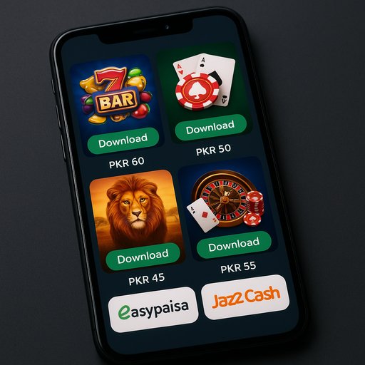Screenshot of the P666 catalog on a mobile screen displaying game thumbnails, download buttons, and PKR pricing. The layout highlights EasyPaisa and JazzCash logos for local payments. The scene emphasizes a practical, user-friendly download experience for players in Karachi and Lahore.