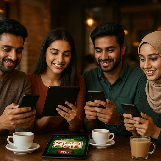 Portrait of diverse users in a cafe using P666 apps on a smartphone and a tablet, reflecting Pakistan's gaming community in Karachi and Lahore. The image highlights easy deposits via EasyPaisa and JazzCash.