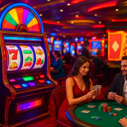 Vivid casino lobby with spinning reels, cards, and players, representing the wide variety of games offered by P666 apps. The colors are bright to reflect exciting, high-energy gaming on mobile and desktop.