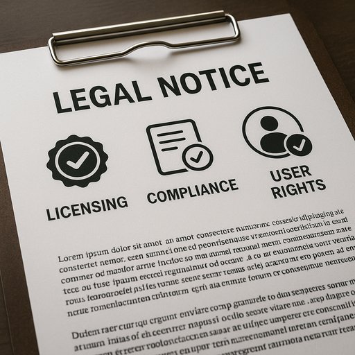 P666 legal notice illustration emphasizing licensing, compliance, and user rights; a clean layout with icons representing regulatory clarity.