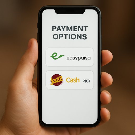 Payment options image for P666 apps: EasyPaisa and JazzCash wallets shown on a mobile screen with PKR currency indicators. The mood is practical and user-friendly, highlighting local payment integrations for Pakistani players.