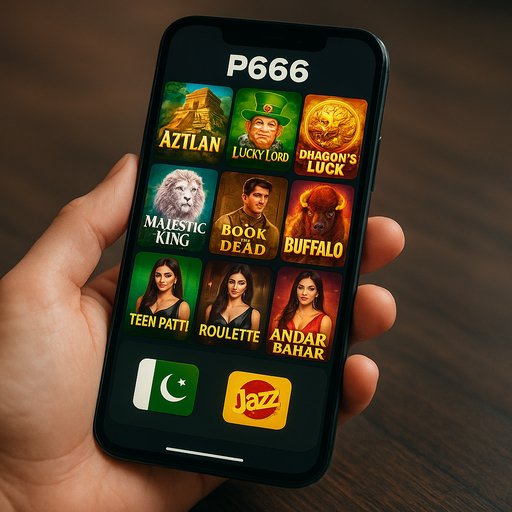 P666 mobile casino games view on a smartphone, showing a grid of slots and live games. The scene highlights easy access for players in Pakistan, especially in Karachi and Lahore, with native payment options.