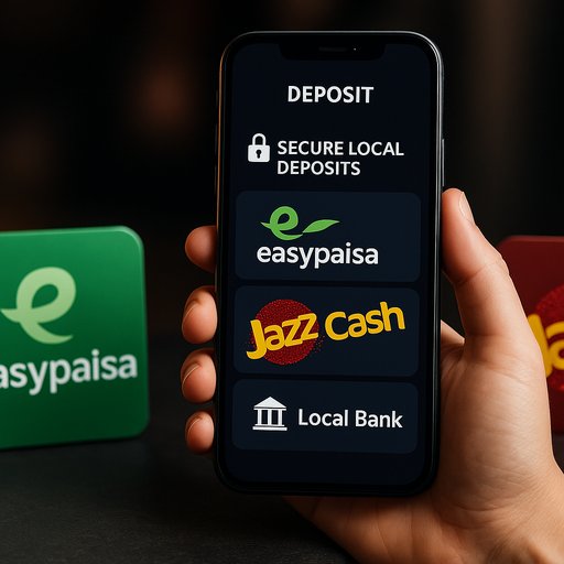PKR payment options illustration showing EasyPaisa and JazzCash logos, highlighting secure local deposits for Pakistani players. The image emphasizes trusted mobile wallets.