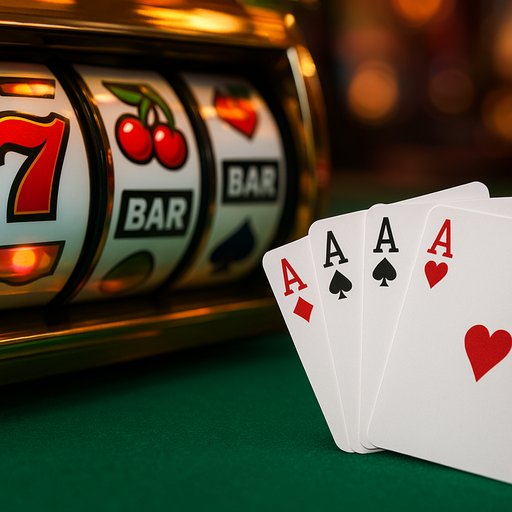 Close-up of slot reels and playing cards on a vibrant casino table scene, illustrating the core casino fun of P666 slots and card games. The image highlights the thrill of big wins, flashing symbols, and a glossy green felt surface. It is styled to feel premium and engaging for players in Karachi and Lahore.