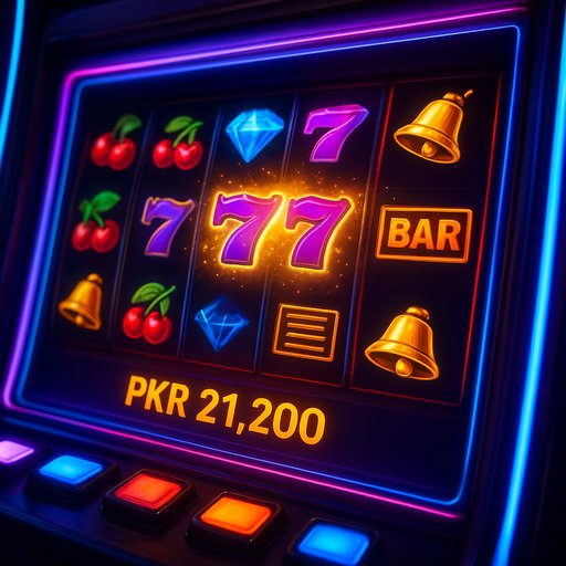 Slots game screenshot on the P666 app with colorful reels and neon lighting, illustrating exciting gameplay and PKR winnings for Pakistani players