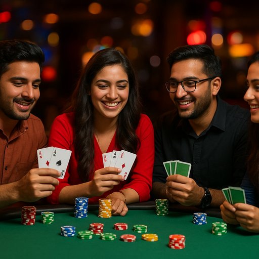 Teen Patti game on the P666 app showing players at a table with bright chips and a lively atmosphere, highlighting social gameplay and local currency support for Pakistan
