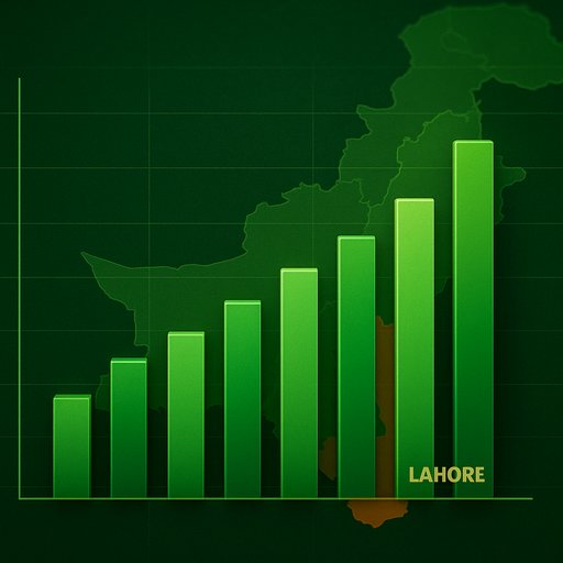 P666 views chart for apps and games, showing monthly activity in Pakistan. The chart uses PKR-themed colors and highlights Karachi and Lahore regions.