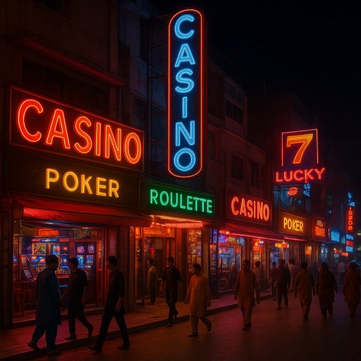 Pakistan casino landscape in Karachi and Lahore featuring neon signs, bustling arcades, and diverse gaming venues, illustrating local betting culture and vibrant nightlife.