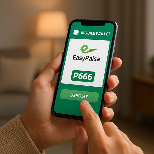 Card image of a Pakistan mobile wallet screen showing EasyPaisa integration with P666 apps. The scene conveys trust, security, and quick deposits from a comfortable home environment.