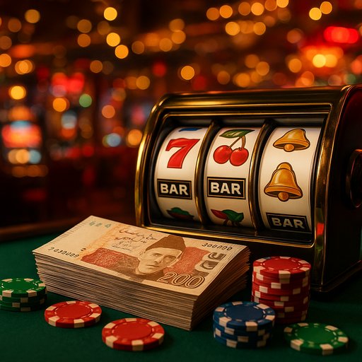 Slots banner showing bright reels and festive casino atmosphere aimed at Pakistani players in Karachi and Lahore, highlighting online earnings and PKR payouts.