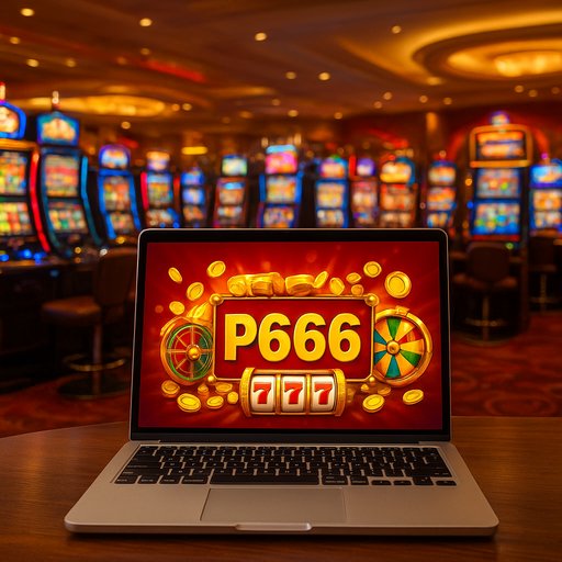 A bright casino room with slot machines and a laptop screen showing P666 promotions, illustrating online earning through slots and casino games for Karachi and Lahore players.
