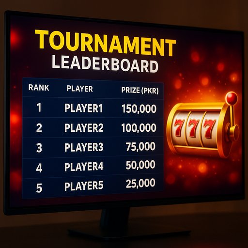 Online slots tournament leaderboard displayed on a bright monitor, showing standings and prize amounts in PKR. The image conveys competition, excitement, and the prestige of winning rewards within Pakistan's online gaming scene.